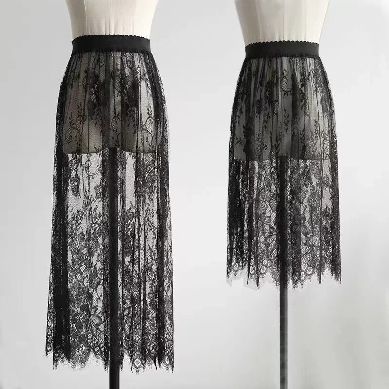 Summer Women Mesh Lace Transparent Long Tulle Skirt Korean Fashion Sexy Ladies Elastic High Waist Solid Beach Midi Skirt