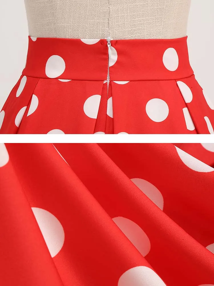 Vintage Women's Summer Skirts High Waist Polka Dot Print Red White Black Elegant 50s Midi Tunic Knee Length