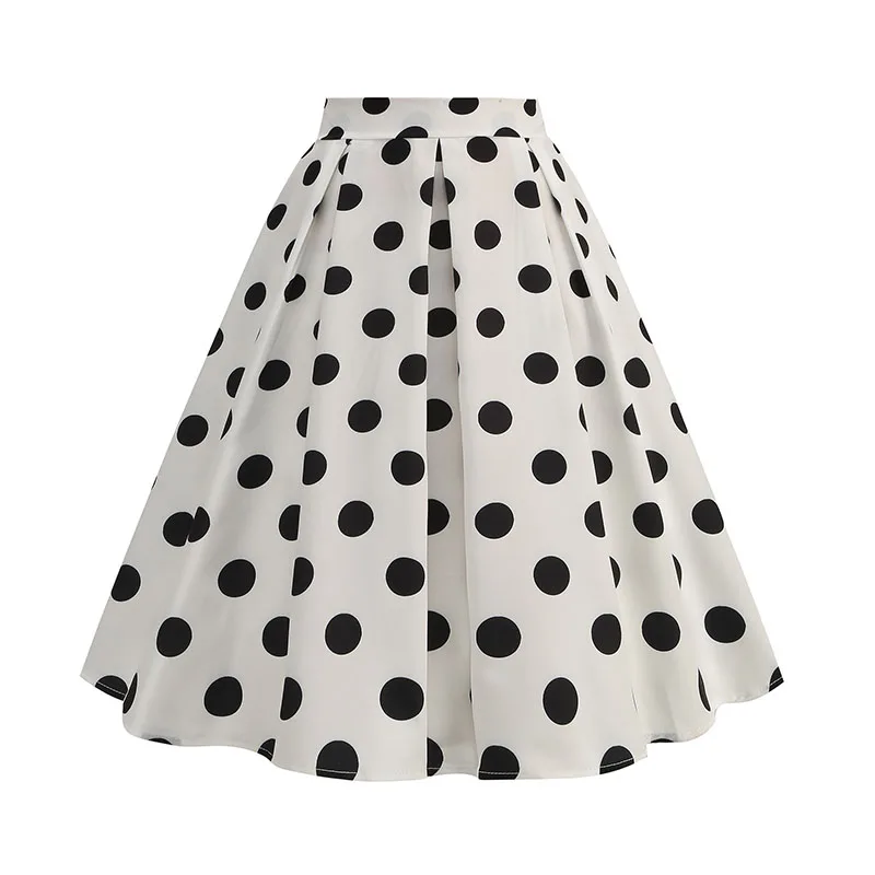 Vintage Women's Summer Skirts High Waist Polka Dot Print Red White Black Elegant 50s Midi Tunic Knee Length