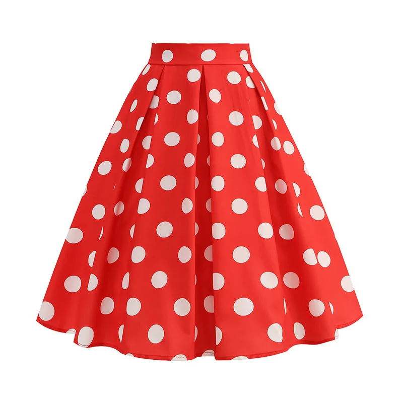 Vintage Women's Summer Skirts High Waist Polka Dot Print Red White Black Elegant 50s Midi Tunic Knee Length