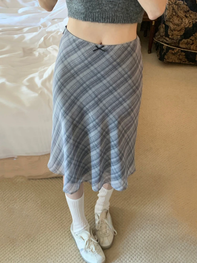 2026 Summer Vintage Midi Plaid Striped Print Skirts Women Sweet Loose Pleated Ladies Skirt High Waist Korean Style Woman Skirts