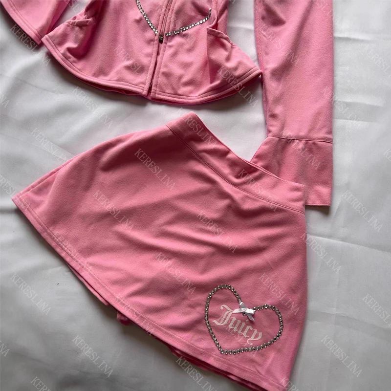 Y2K sweet streetwear sports style mini ladies skirt retro cute bow 2000s aesthetic hip hop hot diamond casual fashion slim skirt
