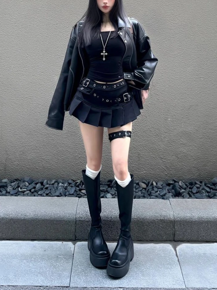 Black High Street Gothic Rivet Mini Skirt Woman Y2K Style Korean Fashion Aesthetic Skirts Elegant Retro A-line Denim Outfit 2025