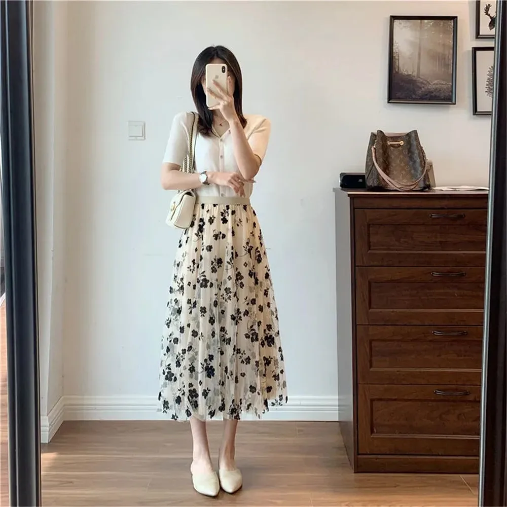 Mesh Floral Skirt Women 2023 Spring Summer Autumn Long Gauze Skirt High Waisted Grace Fashion Puff Skirts Elegant Mujer Printing