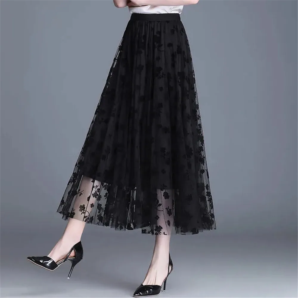 Mesh Floral Skirt Women 2023 Spring Summer Autumn Long Gauze Skirt High Waisted Grace Fashion Puff Skirts Elegant Mujer Printing