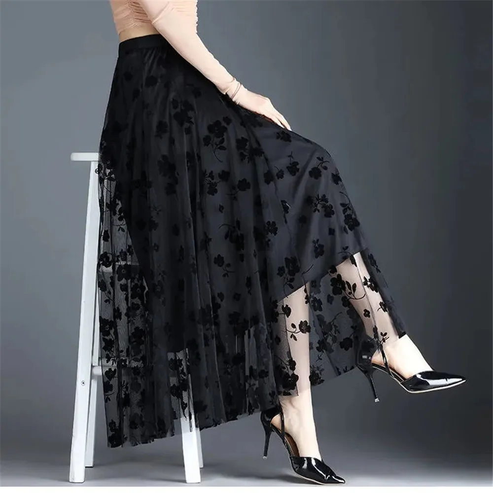 Mesh Floral Skirt Women 2023 Spring Summer Autumn Long Gauze Skirt High Waisted Grace Fashion Puff Skirts Elegant Mujer Printing