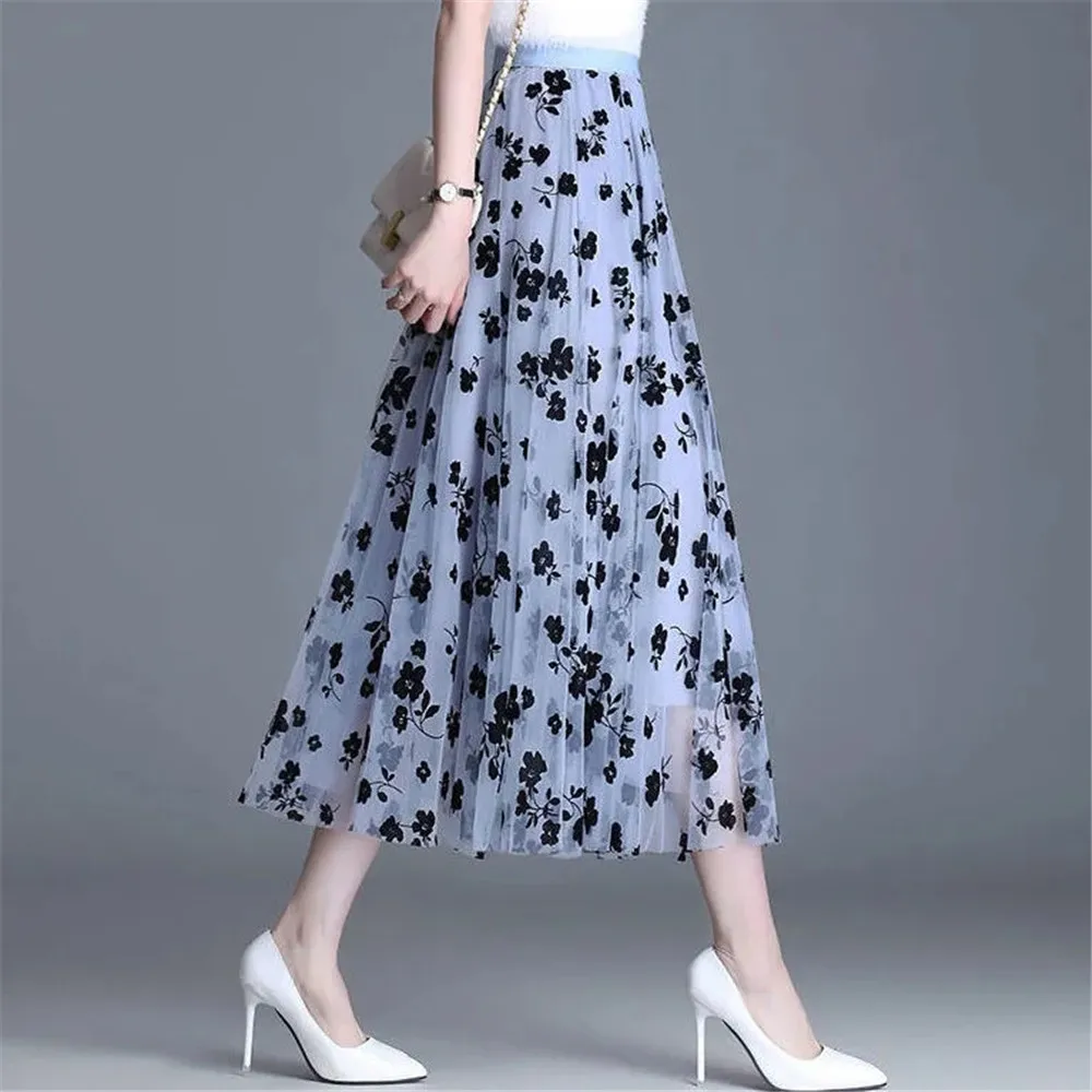 Mesh Floral Skirt Women 2023 Spring Summer Autumn Long Gauze Skirt High Waisted Grace Fashion Puff Skirts Elegant Mujer Printing