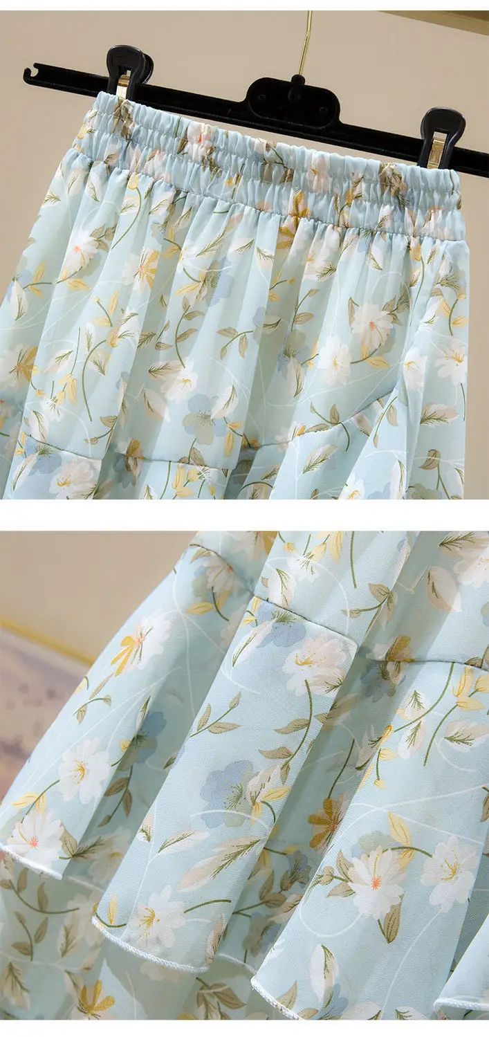 Hot Sale Floral Skirt Women New Summer 2025 Sweet Ruffled A-line Chiffon Long Skirt Woman Korean Clothing