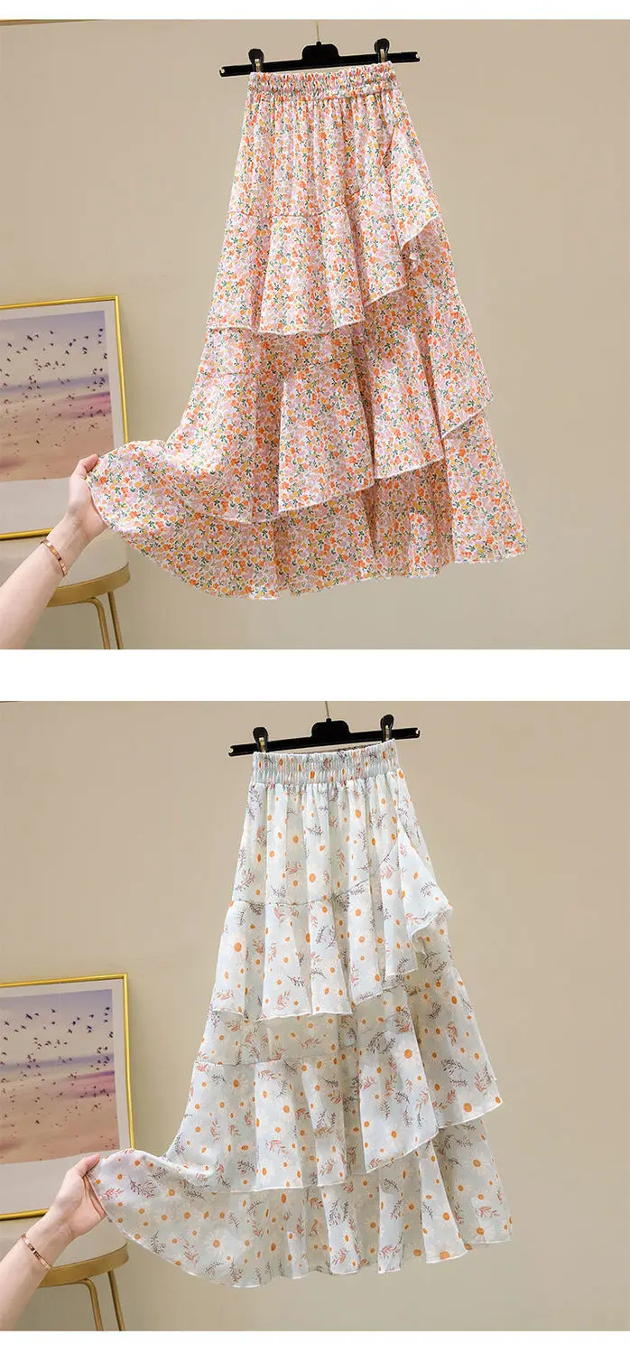 Hot Sale Floral Skirt Women New Summer 2025 Sweet Ruffled A-line Chiffon Long Skirt Woman Korean Clothing