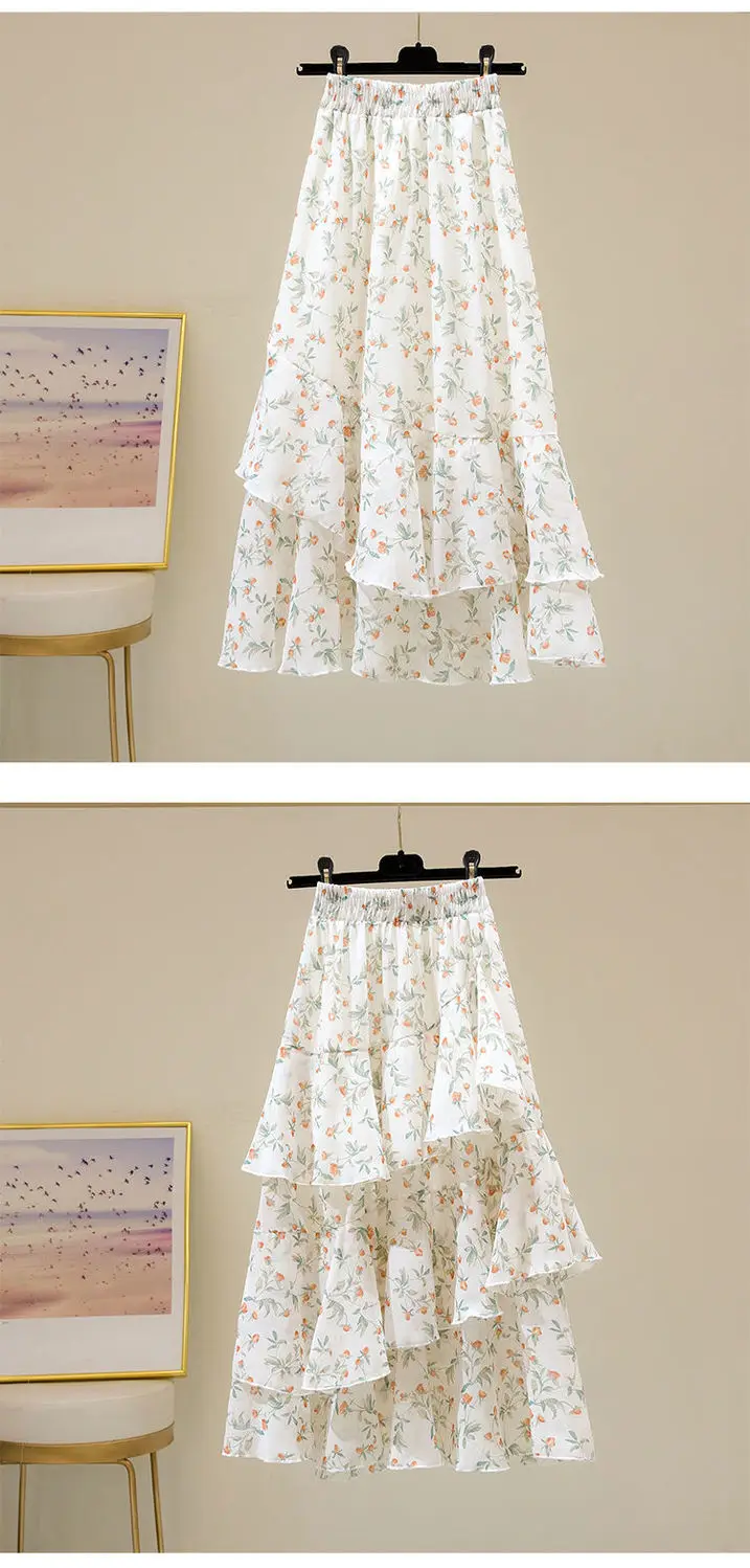 Hot Sale Floral Skirt Women New Summer 2025 Sweet Ruffled A-line Chiffon Long Skirt Woman Korean Clothing