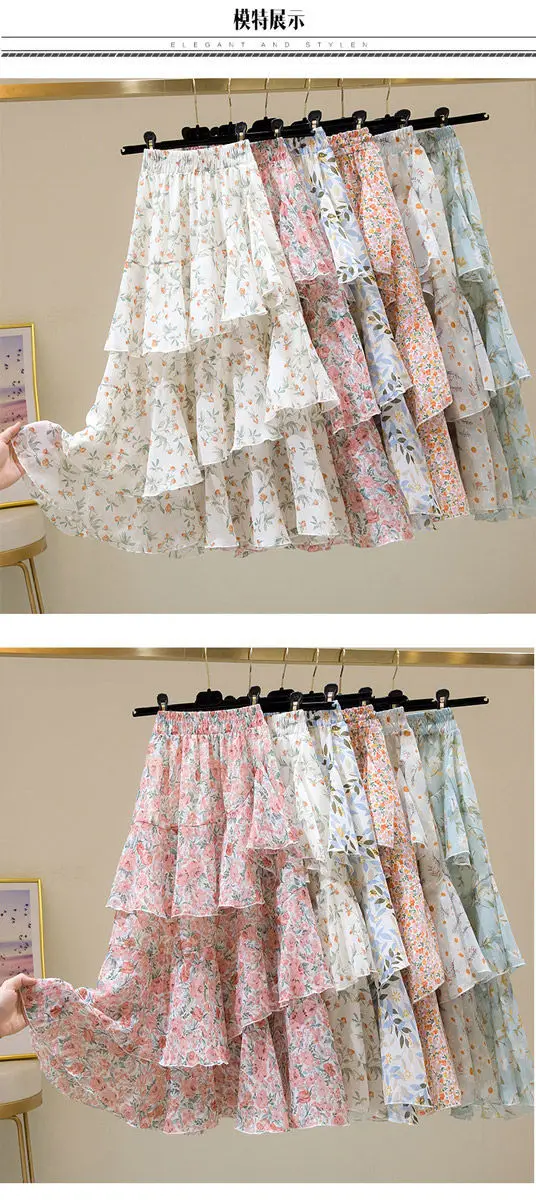 Hot Sale Floral Skirt Women New Summer 2025 Sweet Ruffled A-line Chiffon Long Skirt Woman Korean Clothing