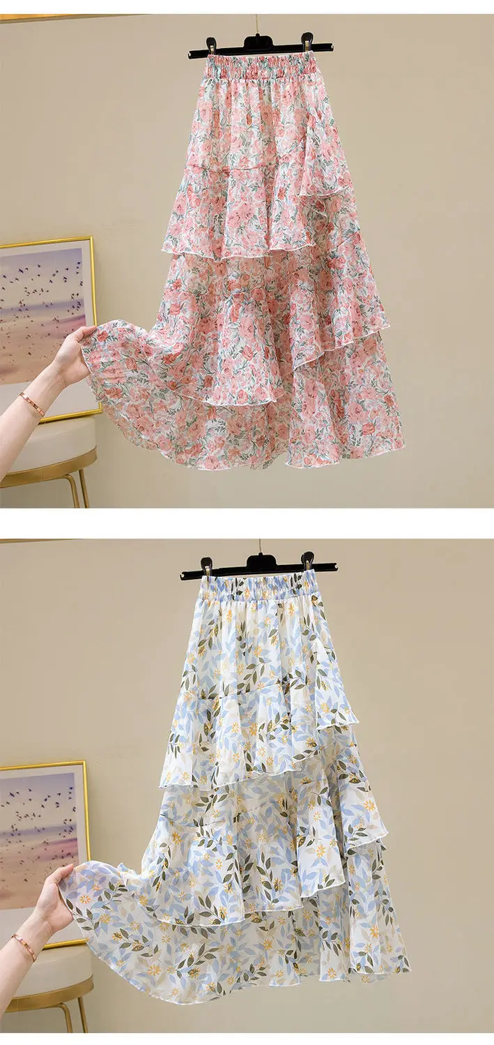 Hot Sale Floral Skirt Women New Summer 2025 Sweet Ruffled A-line Chiffon Long Skirt Woman Korean Clothing