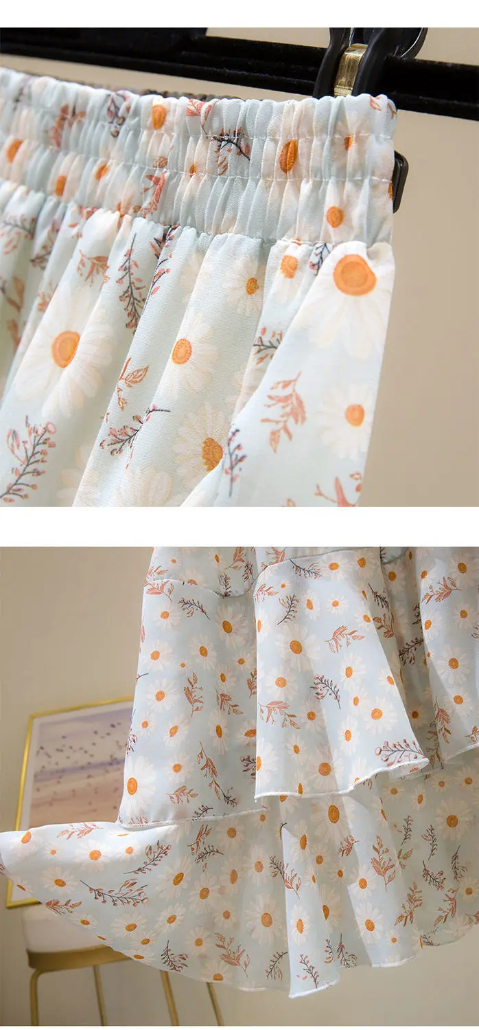 Hot Sale Floral Skirt Women New Summer 2025 Sweet Ruffled A-line Chiffon Long Skirt Woman Korean Clothing