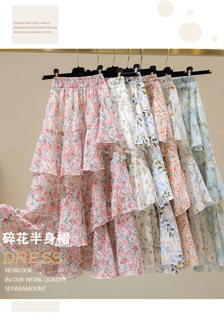 Hot Sale Floral Skirt Women New Summer 2025 Sweet Ruffled A-line Chiffon Long Skirt Woman Korean Clothing