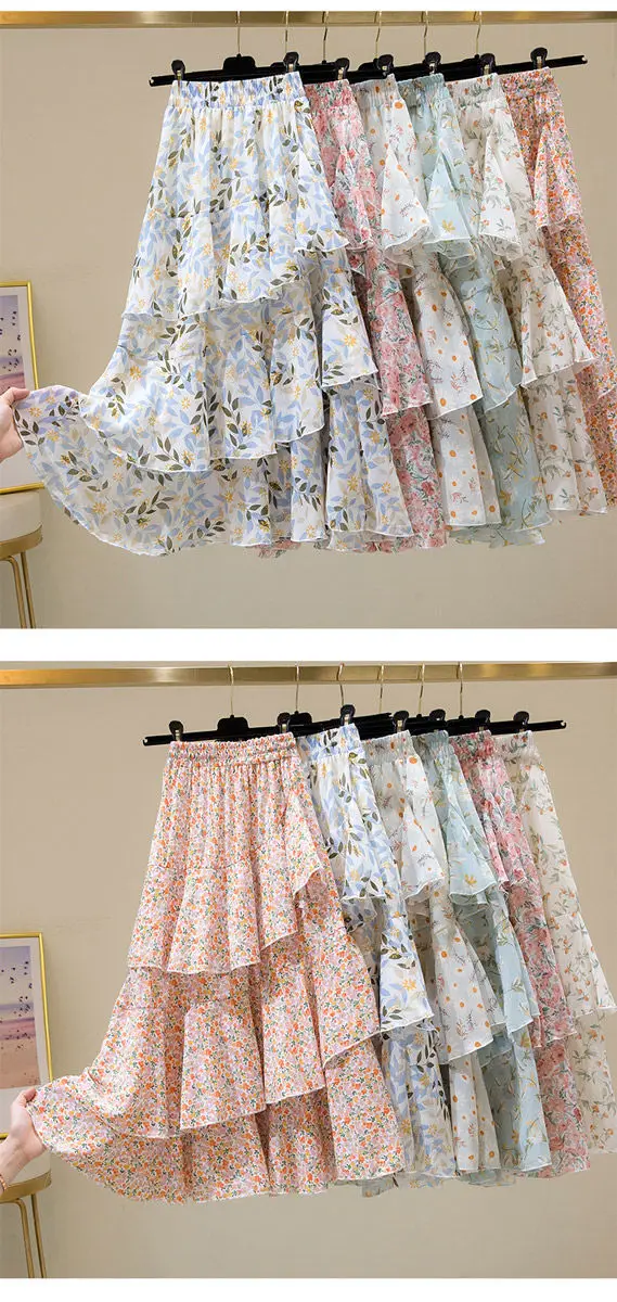 Hot Sale Floral Skirt Women New Summer 2025 Sweet Ruffled A-line Chiffon Long Skirt Woman Korean Clothing