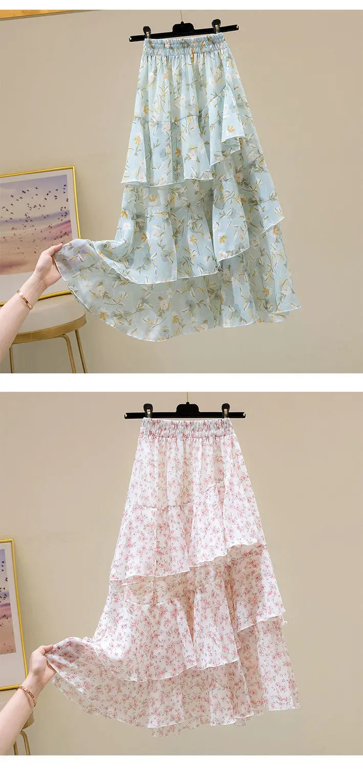 Hot Sale Floral Skirt Women New Summer 2025 Sweet Ruffled A-line Chiffon Long Skirt Woman Korean Clothing