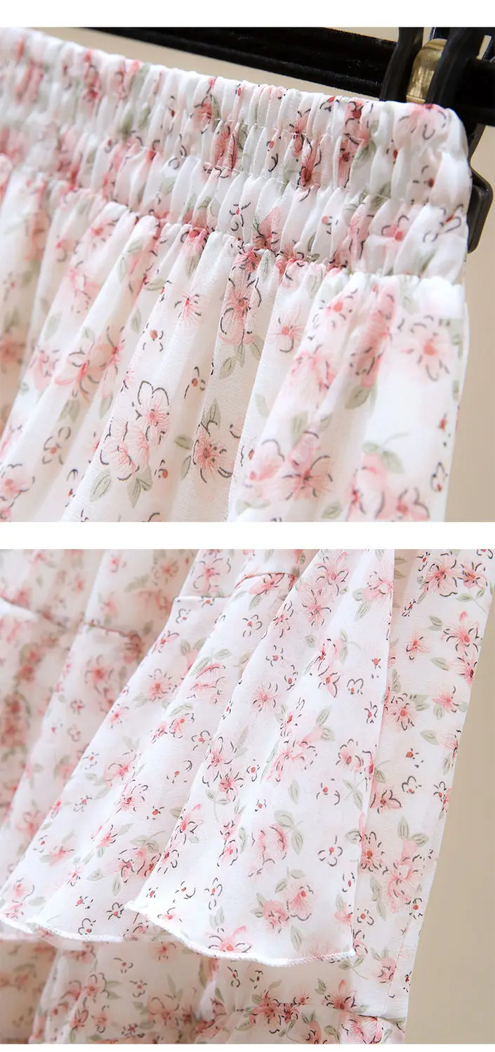 Hot Sale Floral Skirt Women New Summer 2025 Sweet Ruffled A-line Chiffon Long Skirt Woman Korean Clothing