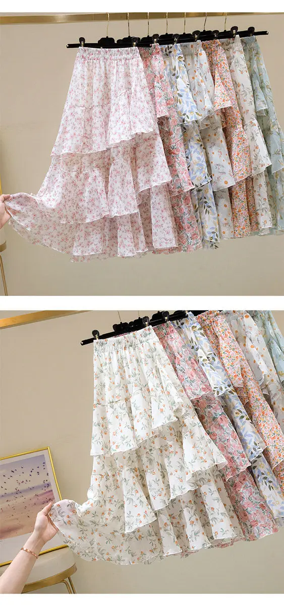 Hot Sale Floral Skirt Women New Summer 2025 Sweet Ruffled A-line Chiffon Long Skirt Woman Korean Clothing