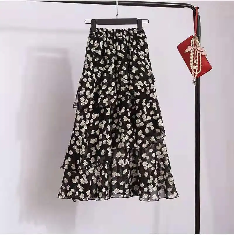 Hot Sale Floral Skirt Women New Summer 2025 Sweet Ruffled A-line Chiffon Long Skirt Woman Korean Clothing