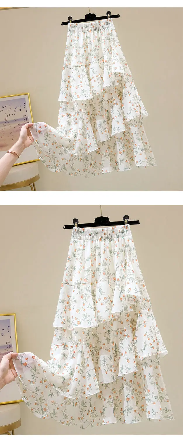Hot Sale Floral Skirt Women New Summer 2025 Sweet Ruffled A-line Chiffon Long Skirt Woman Korean Clothing