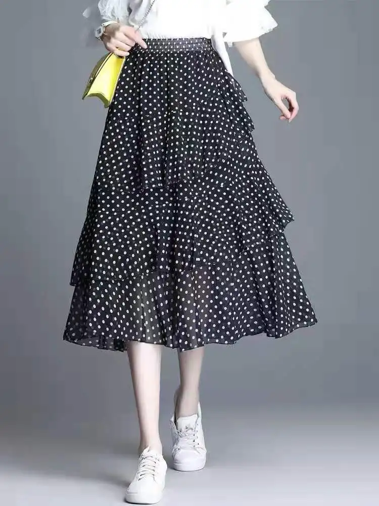 Hot Sale Floral Skirt Women New Summer 2025 Sweet Ruffled A-line Chiffon Long Skirt Woman Korean Clothing