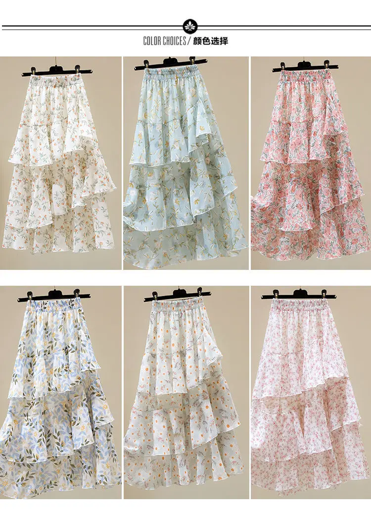 Hot Sale Floral Skirt Women New Summer 2025 Sweet Ruffled A-line Chiffon Long Skirt Woman Korean Clothing