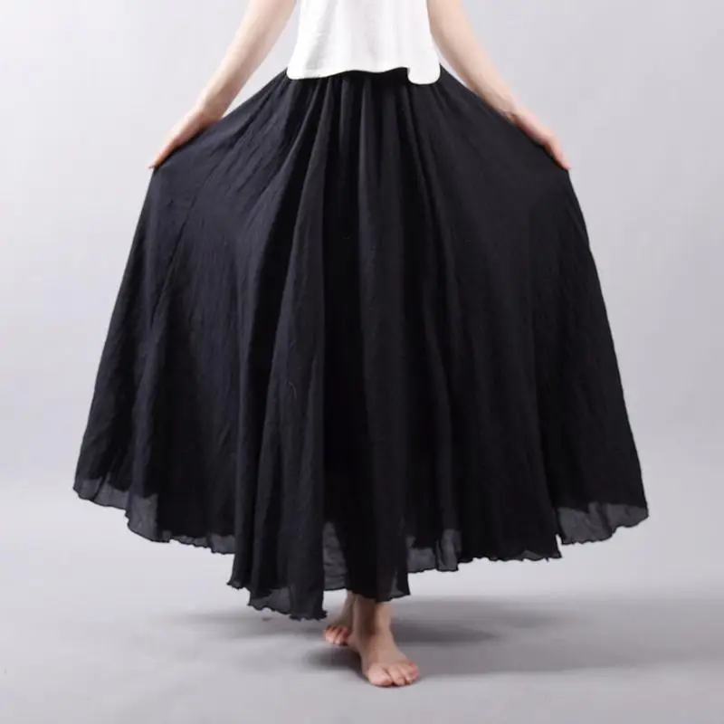 Women's Elegant High Waist Linen Maxi Skirt 2026 Summer Ladies Casual Elastic Waist 2 Layers Skirts Saia Feminina 20 Colors SK53