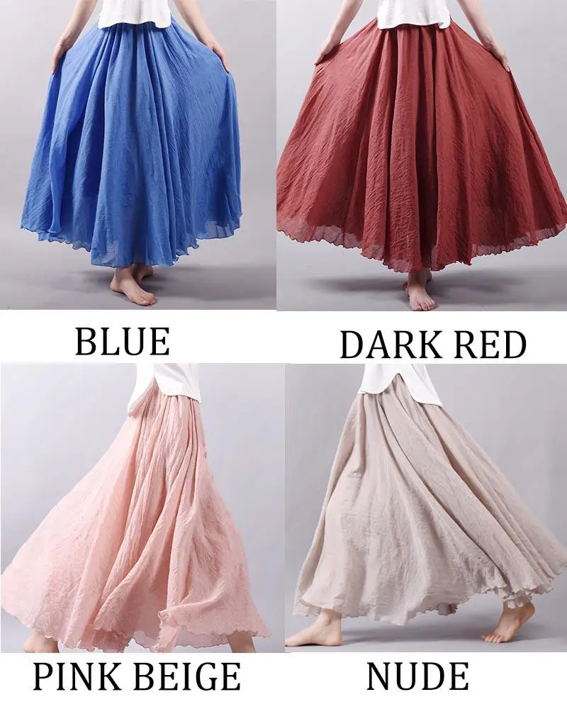 Women's Elegant High Waist Linen Maxi Skirt 2026 Summer Ladies Casual Elastic Waist 2 Layers Skirts Saia Feminina 20 Colors SK53