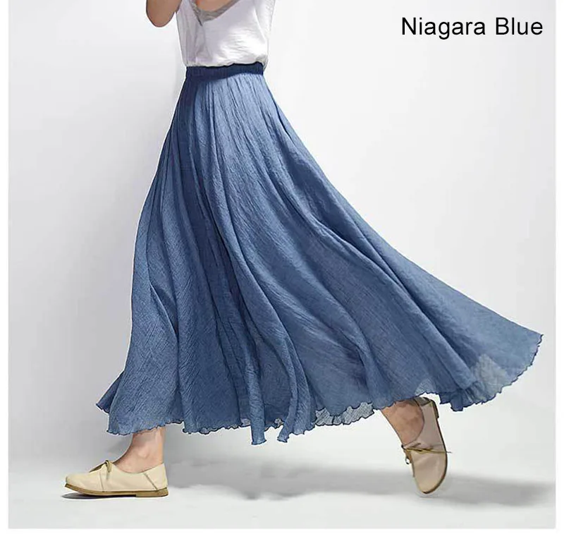 Women's Elegant High Waist Linen Maxi Skirt 2026 Summer Ladies Casual Elastic Waist 2 Layers Skirts Saia Feminina 20 Colors SK53