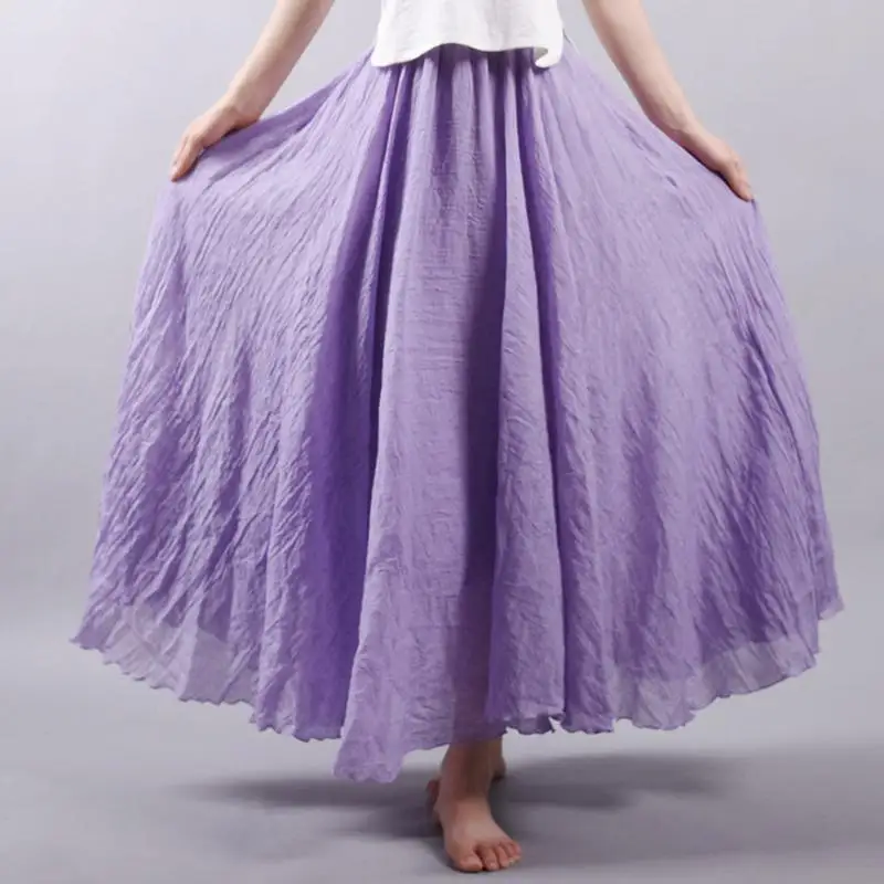 Women's Elegant High Waist Linen Maxi Skirt 2026 Summer Ladies Casual Elastic Waist 2 Layers Skirts Saia Feminina 20 Colors SK53