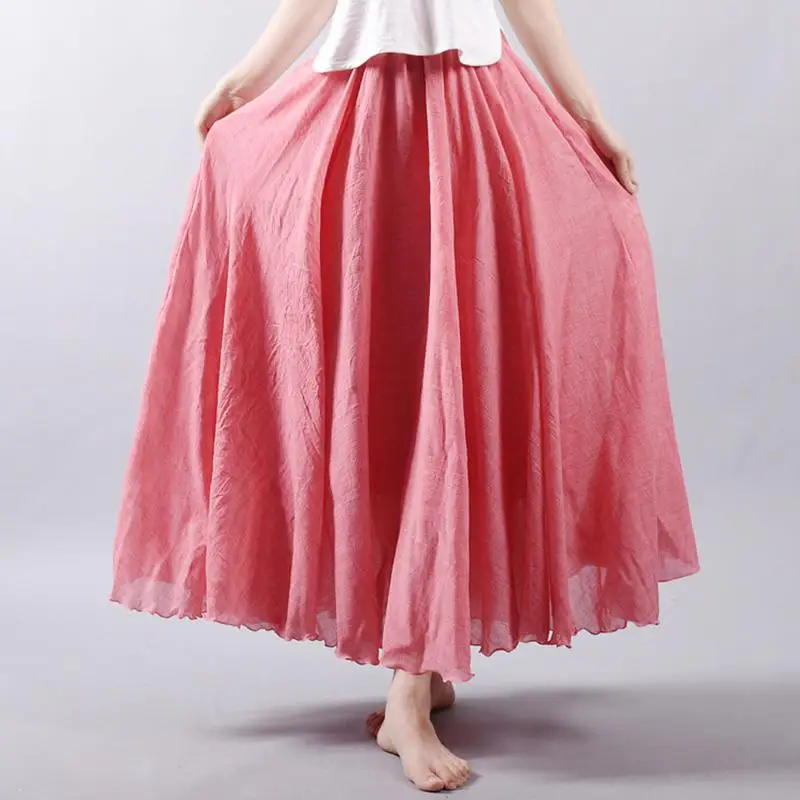 Women's Elegant High Waist Linen Maxi Skirt 2026 Summer Ladies Casual Elastic Waist 2 Layers Skirts Saia Feminina 20 Colors SK53