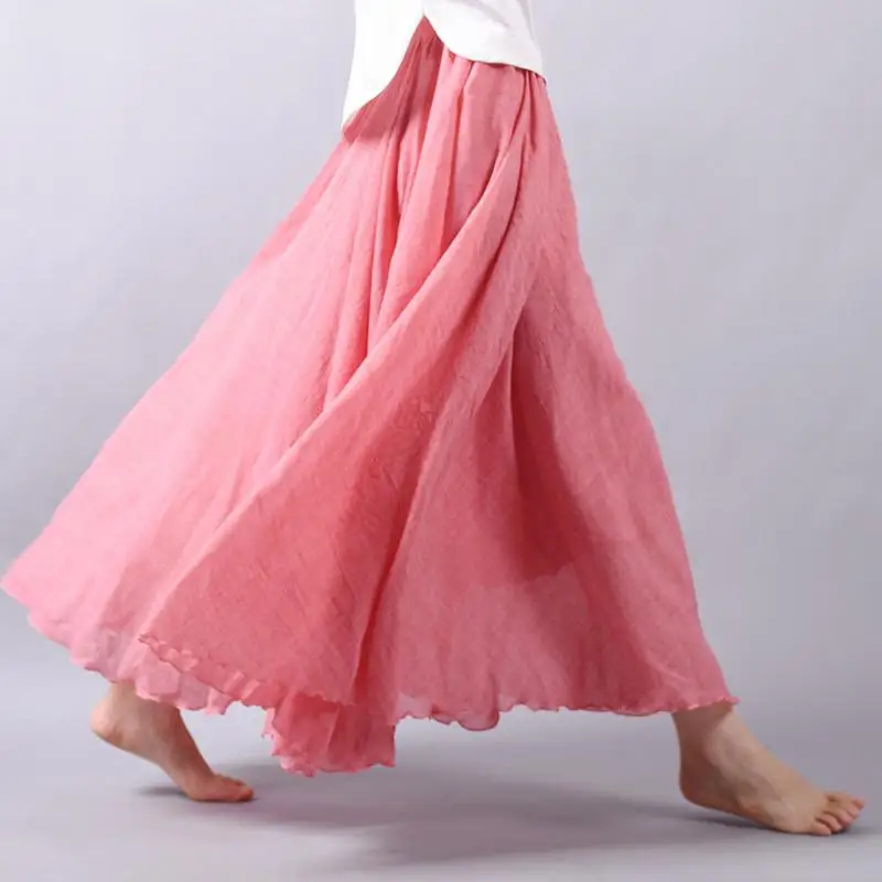 Women's Elegant High Waist Linen Maxi Skirt 2026 Summer Ladies Casual Elastic Waist 2 Layers Skirts Saia Feminina 20 Colors SK53