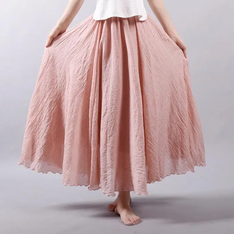 Women's Elegant High Waist Linen Maxi Skirt 2026 Summer Ladies Casual Elastic Waist 2 Layers Skirts Saia Feminina 20 Colors SK53