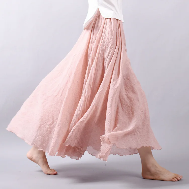Women's Elegant High Waist Linen Maxi Skirt 2024 Summer Ladies Casual Elastic Waist 2 Layers Skirts Saia Feminina