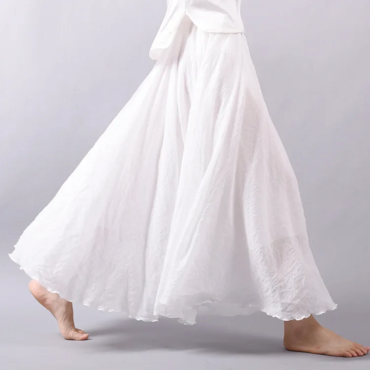 Women's Elegant High Waist Linen Maxi Skirt 2024 Summer Ladies Casual Elastic Waist 2 Layers Skirts Saia Feminina