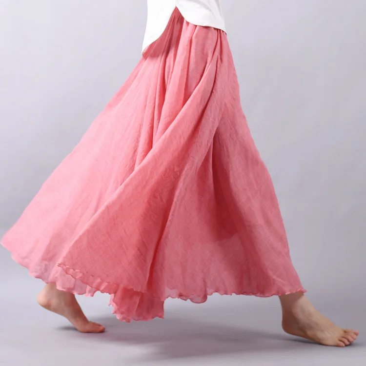 Women's Elegant High Waist Linen Maxi Skirt 2024 Summer Ladies Casual Elastic Waist 2 Layers Skirts Saia Feminina