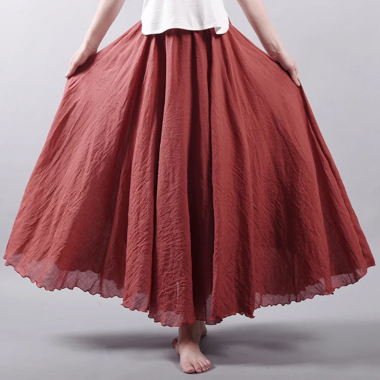 Women's Elegant High Waist Linen Maxi Skirt 2024 Summer Ladies Casual Elastic Waist 2 Layers Skirts Saia Feminina