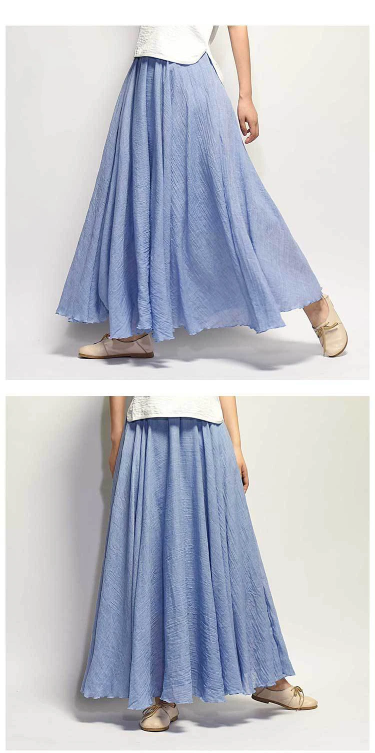 Women's Elegant High Waist Linen Maxi Skirt 2024 Summer Ladies Casual Elastic Waist 2 Layers Skirts Saia Feminina