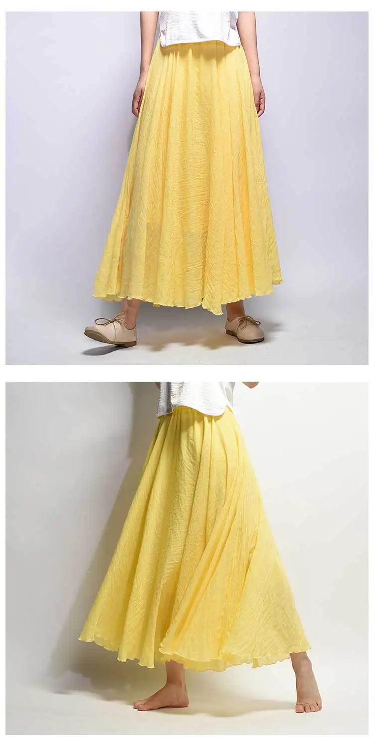 Women's Elegant High Waist Linen Maxi Skirt 2024 Summer Ladies Casual Elastic Waist 2 Layers Skirts Saia Feminina
