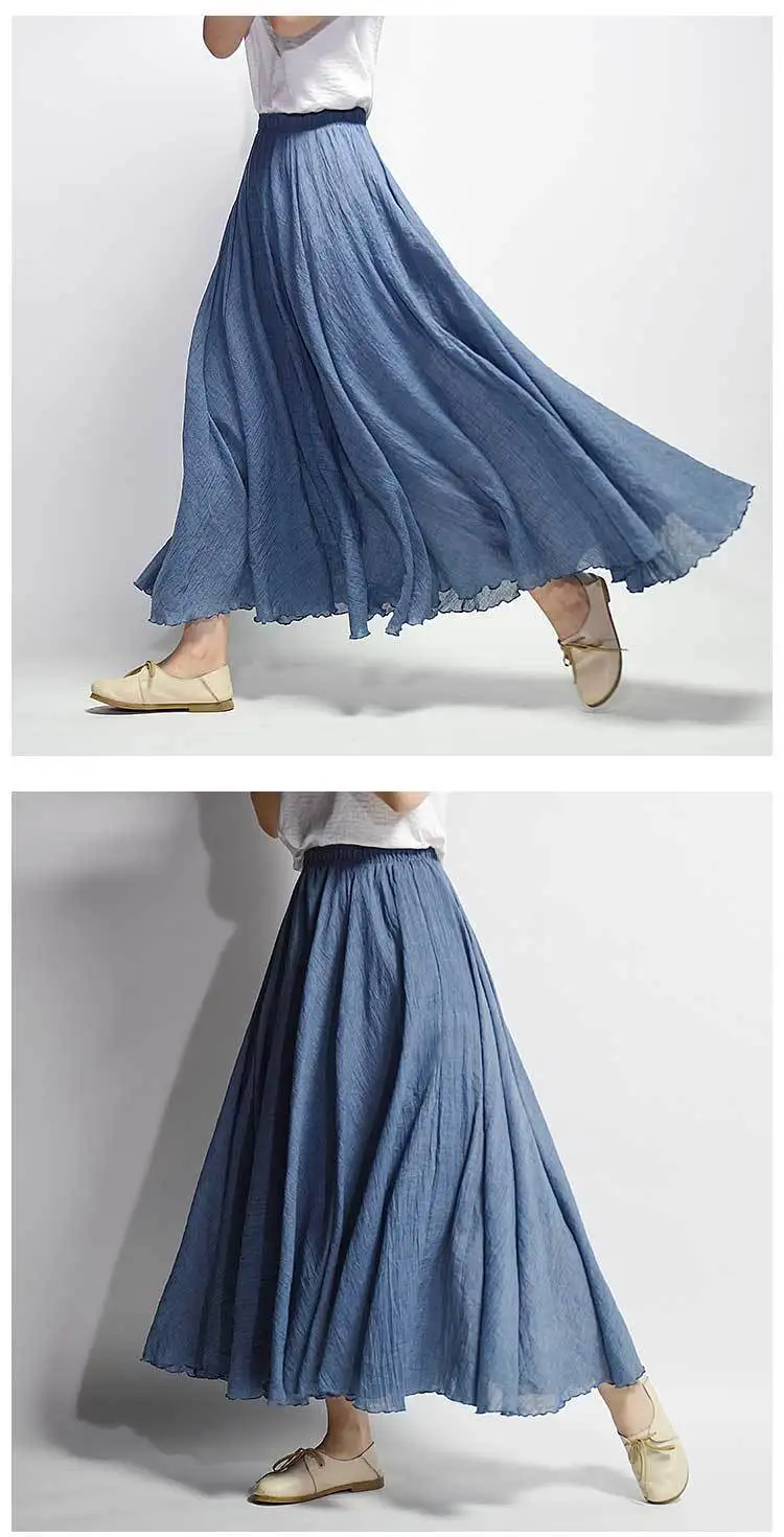 Women's Elegant High Waist Linen Maxi Skirt 2024 Summer Ladies Casual Elastic Waist 2 Layers Skirts Saia Feminina