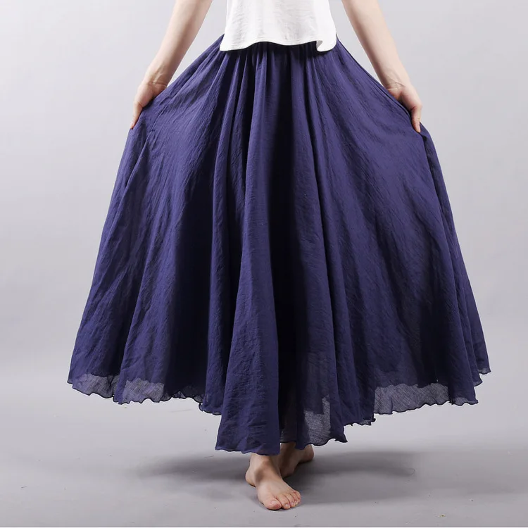 Women's Elegant High Waist Linen Maxi Skirt 2024 Summer Ladies Casual Elastic Waist 2 Layers Skirts Saia Feminina