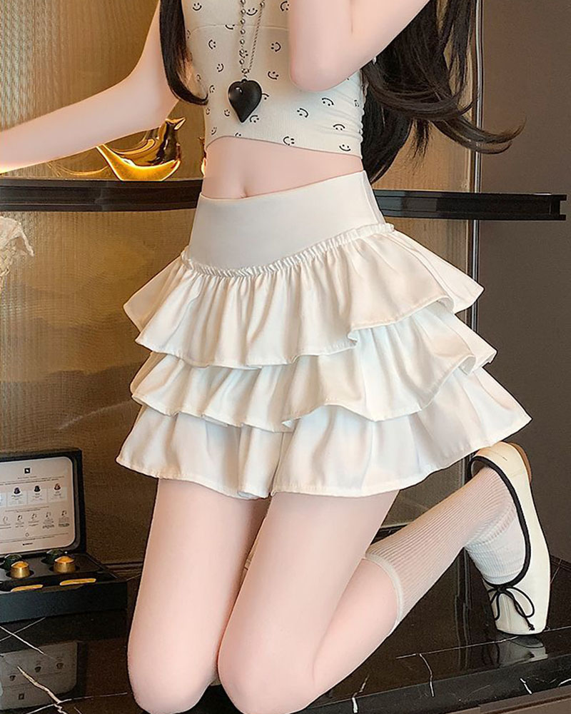 Korean Puffy Ruffles Cake Mini Skirt Women Kawaii Cute High Waist A-Line Skirts Girl's Fashion Streetwear Anti-Glare Short Skirt