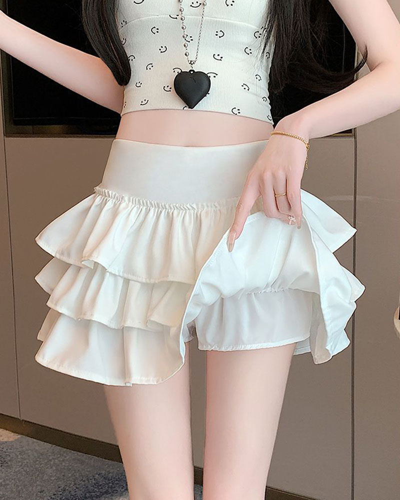 Korean Puffy Ruffles Cake Mini Skirt Women Kawaii Cute High Waist A-Line Skirts Girl's Fashion Streetwear Anti-Glare Short Skirt
