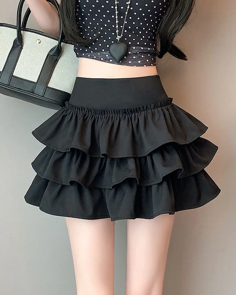 Korean Puffy Ruffles Cake Mini Skirt Women Kawaii Cute High Waist A-Line Skirts Girl's Fashion Streetwear Anti-Glare Short Skirt