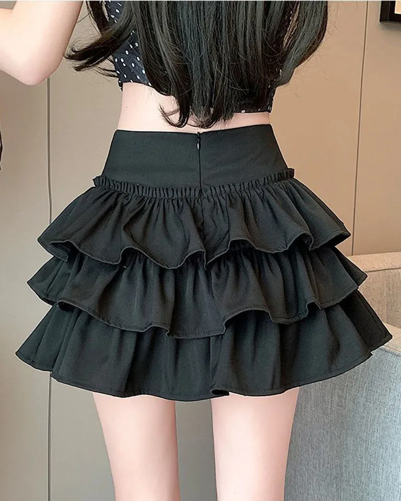 Korean Puffy Ruffles Cake Mini Skirt Women Kawaii Cute High Waist A-Line Skirts Girl's Fashion Streetwear Anti-Glare Short Skirt