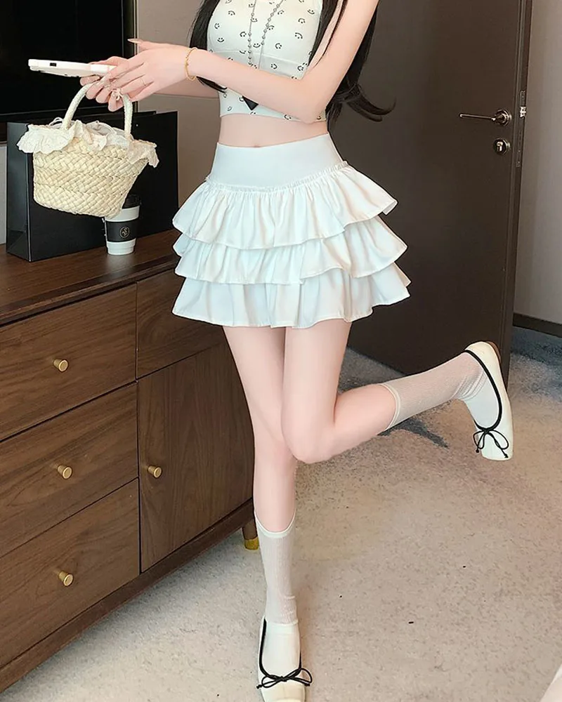 Korean Puffy Ruffles Cake Mini Skirt Women Kawaii Cute High Waist A-Line Skirts Girl's Fashion Streetwear Anti-Glare Short Skirt