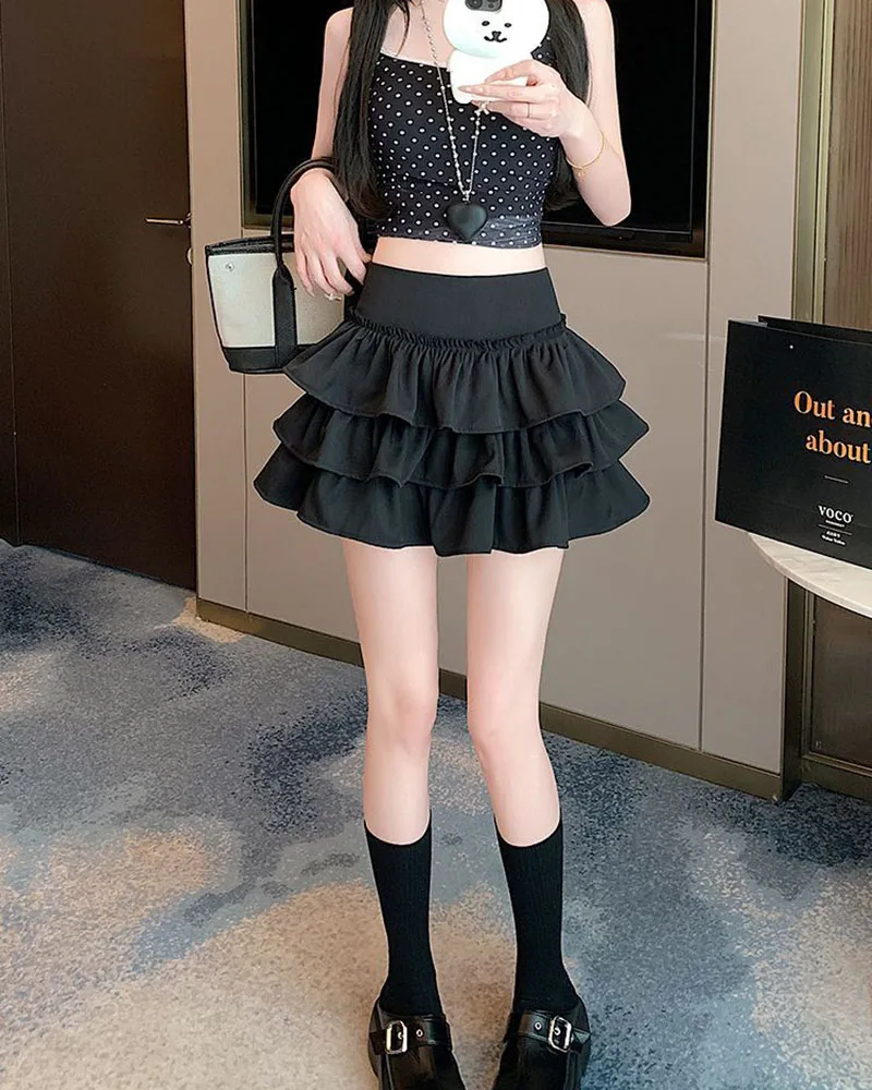 Korean Puffy Ruffles Cake Mini Skirt Women Kawaii Cute High Waist A-Line Skirts Girl's Fashion Streetwear Anti-Glare Short Skirt