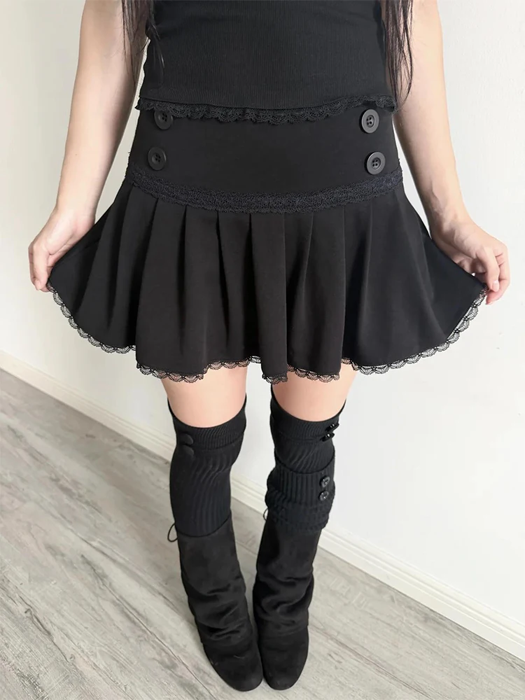 Gothic Punk Halloween Women's Y2K Aesthetic Mini Skirt Kawaii Cute Casual Slim Chic Trendy Fashion Jirai Kei Lace Pleated Skirts