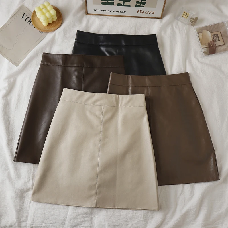 Faux Leather Mini Skirt for Women High Rise A-line PU Short Skirt with Built-in Shorts Black Brown Autumn Winter Trend Outfit