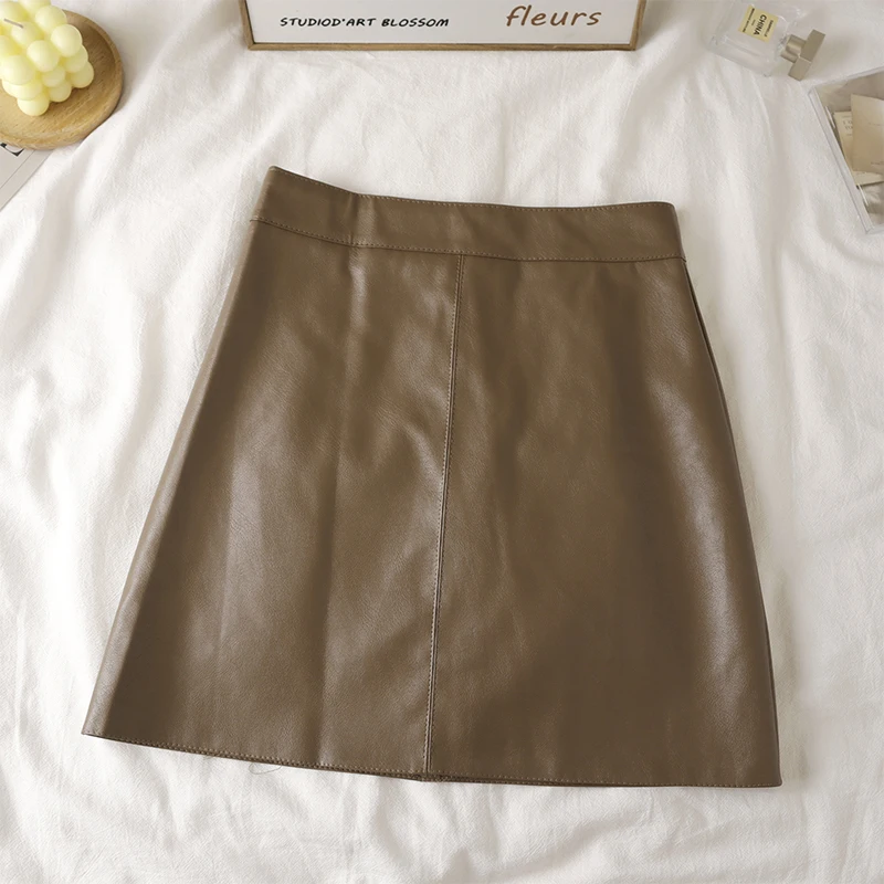Faux Leather Mini Skirt for Women High Rise A-line PU Short Skirt with Built-in Shorts Black Brown Autumn Winter Trend Outfit